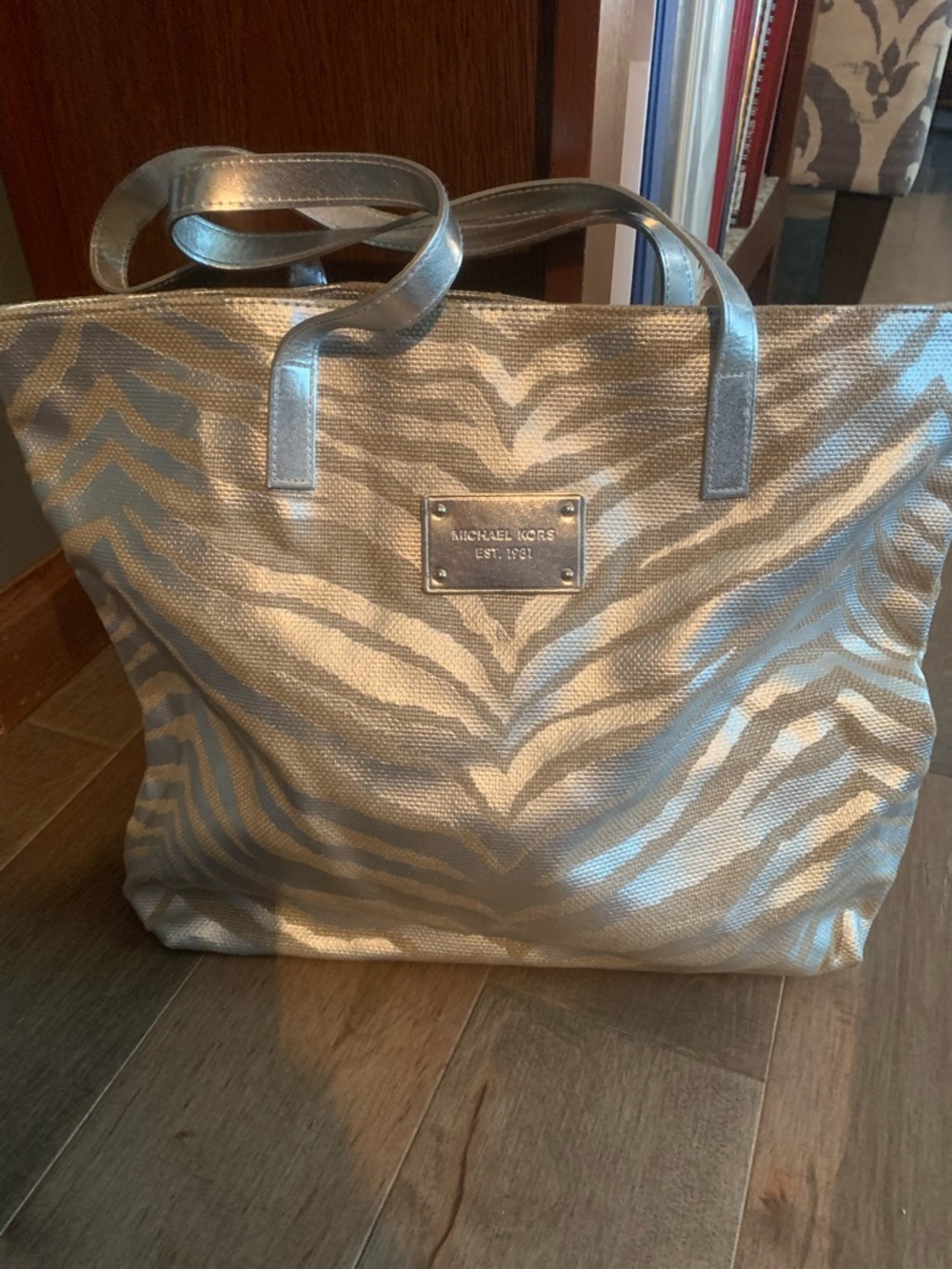 Michael Kors Silver Metallic Zebra-Print Tote